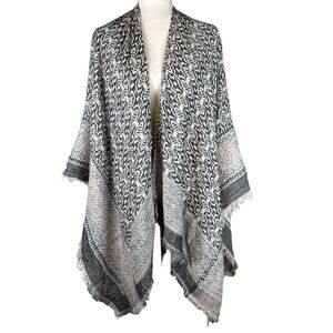 BCBGMAXAZRIA Womens Boho Poncho Wrap Sweater One Size Black Beige Fringe Trim